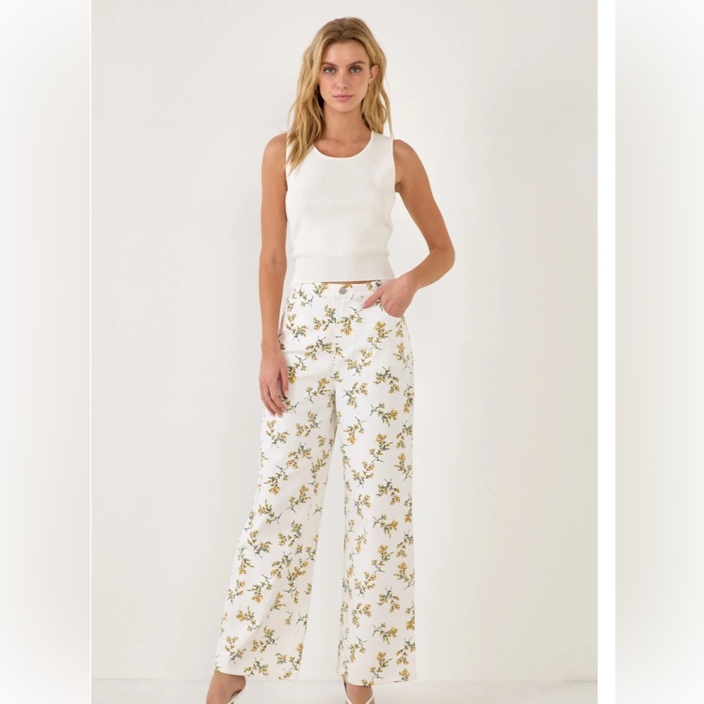 English Factory White Floral Straight Leg Pants